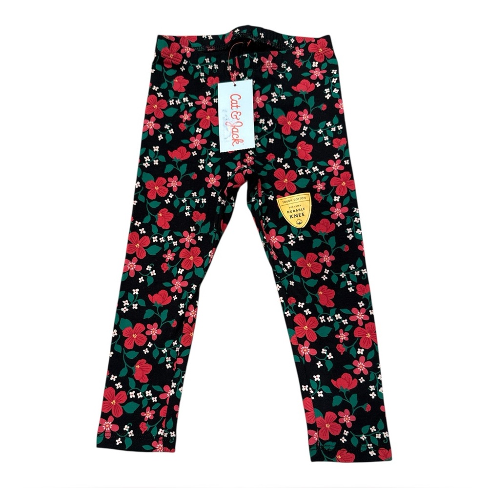 Cat & Jack Kid's Girl Floral Printed Leggings‎ Black and Red Floral, Size 2T